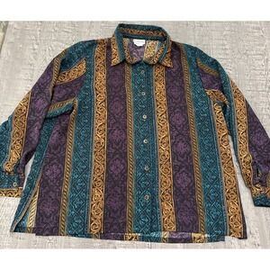 Vintage Bon Worth Blouse Teal Purple Gold button down, long sleeve medium petite